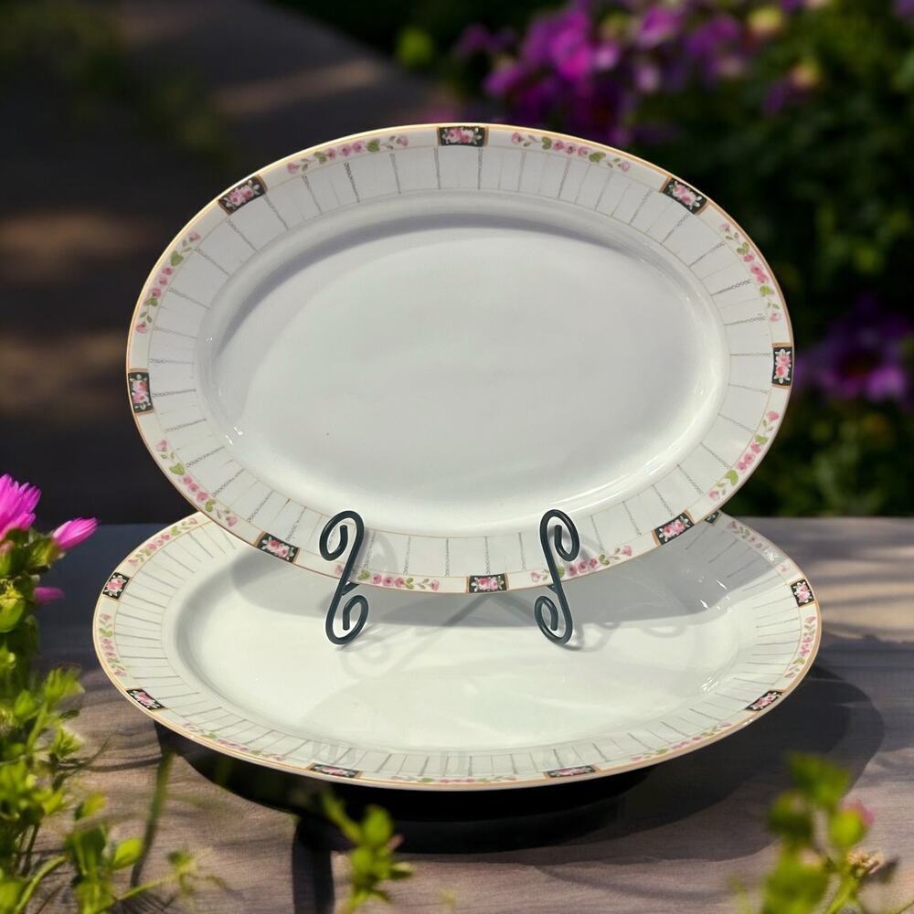 Antique Noritake Nippon Oval Platters-Set of 2-Hand Painted-Floral-Japan-Serving